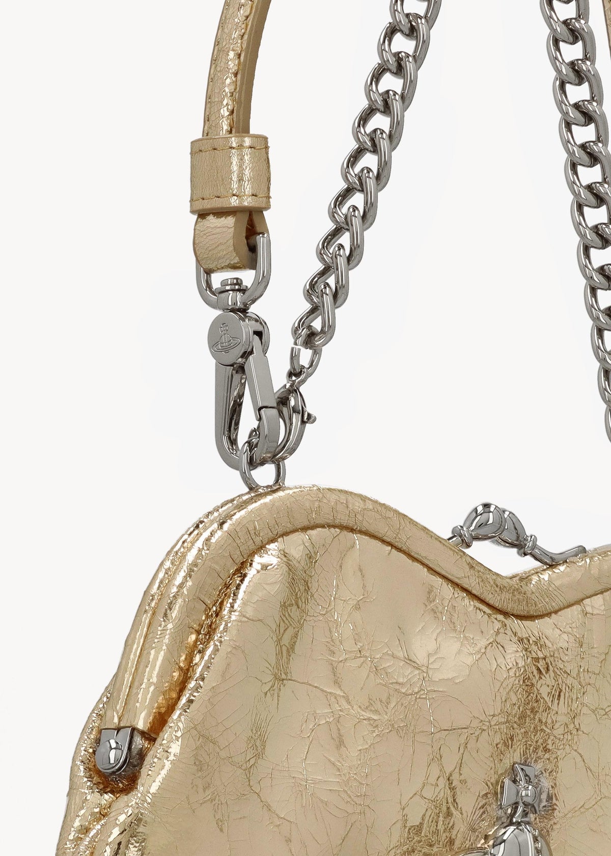 Belle Gold Metallic Crinkle Leather Heart Frame Cross-Body Bag