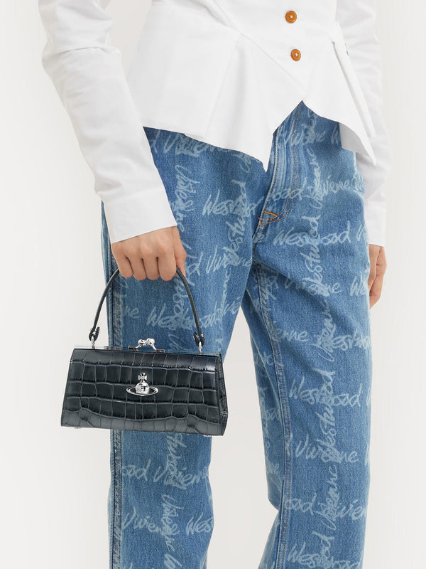 Extra Large Doll Frame Embossed Croc Anthracite Leather Purse Bag