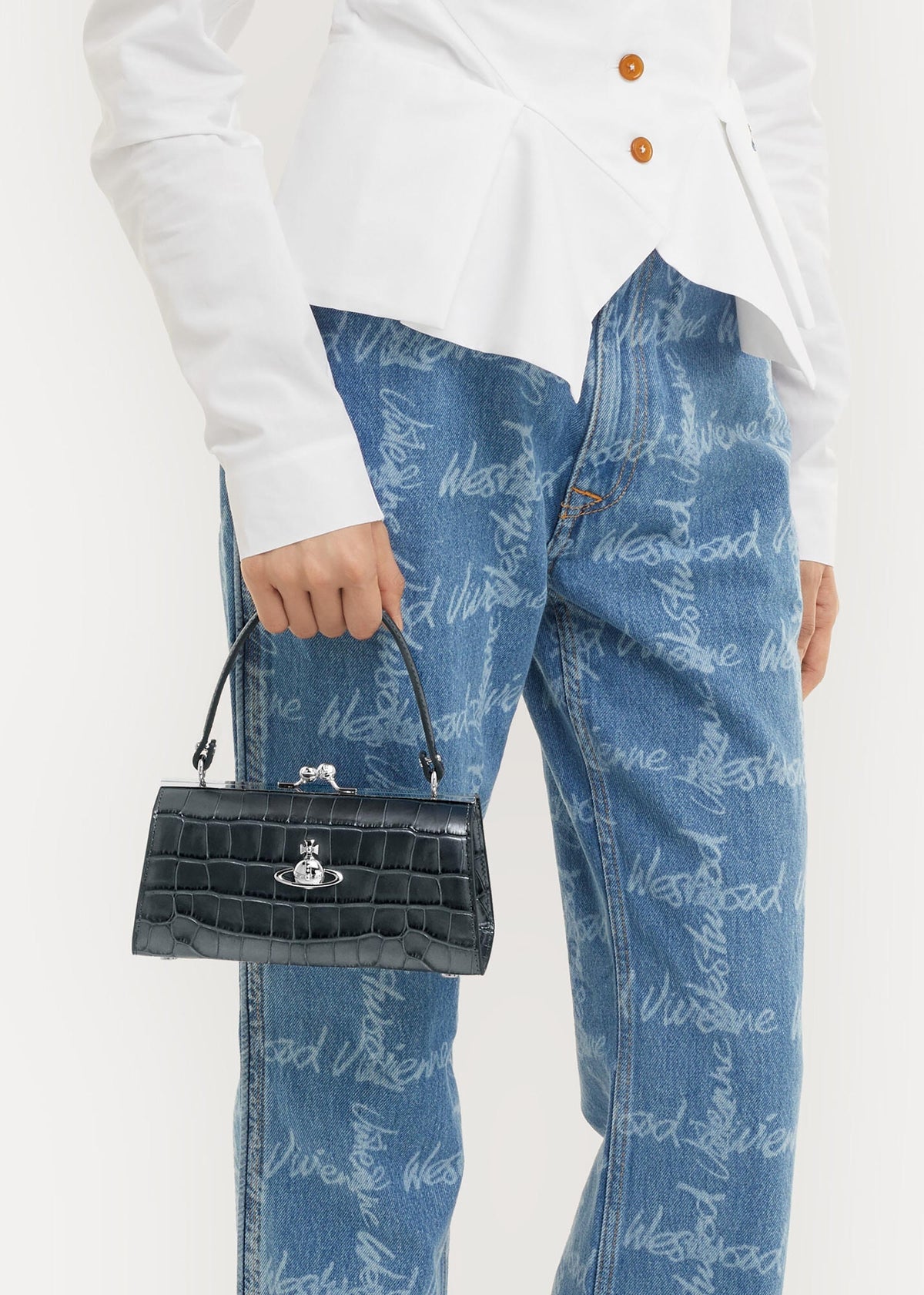 Extra Large Doll Frame Embossed Croc Anthracite Leather Purse Bag