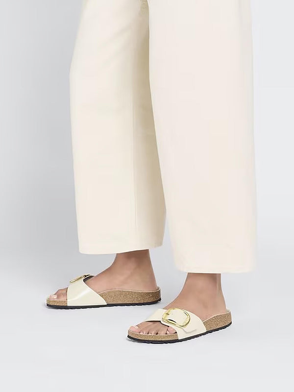 Madrid Big Buckle High-Shine Ecru Leather Mules