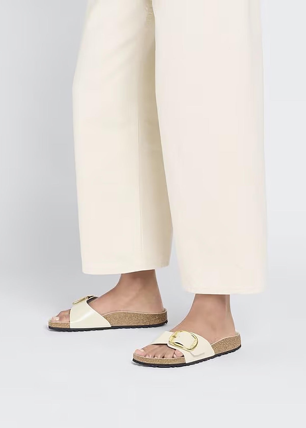 Madrid Big Buckle High-Shine Ecru Leather Mules