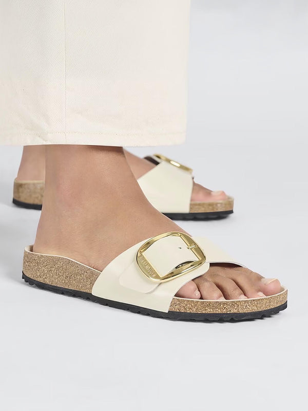 Madrid Big Buckle High-Shine Ecru Leather Mules