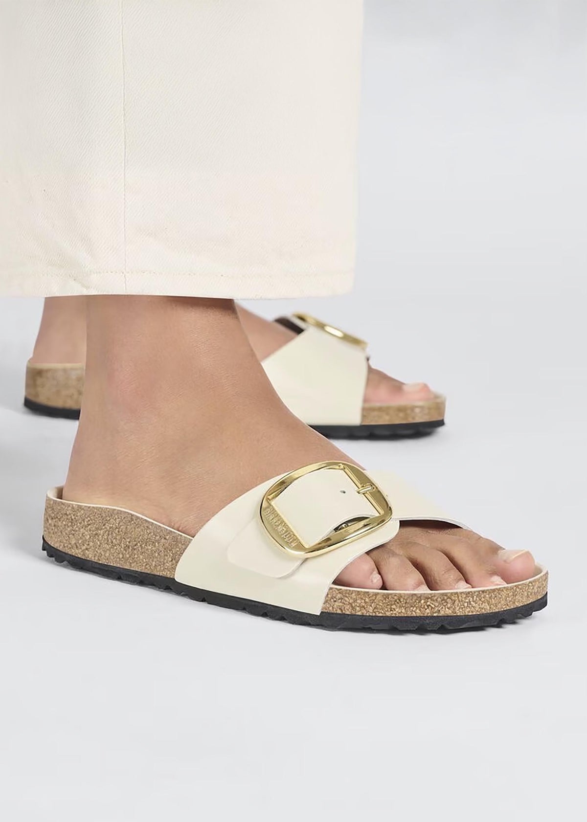 Madrid Big Buckle High-Shine Ecru Leather Mules