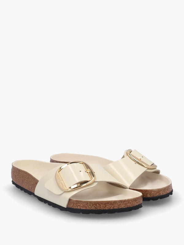 Madrid Big Buckle High-Shine Ecru Leather Mules