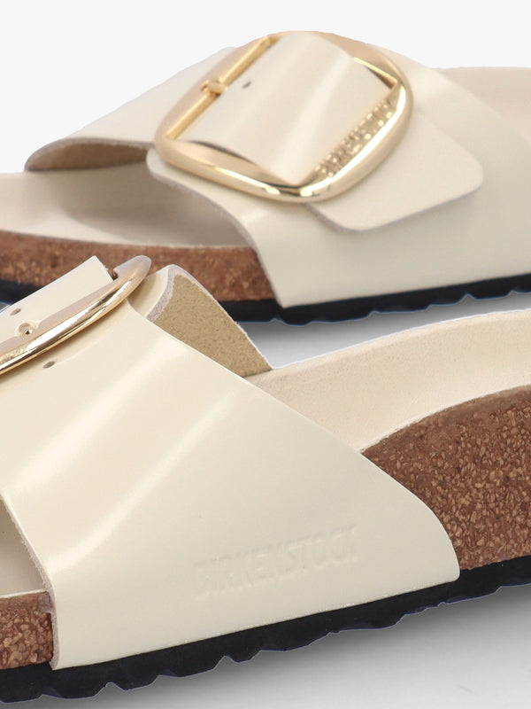 Madrid Big Buckle High-Shine Ecru Leather Mules