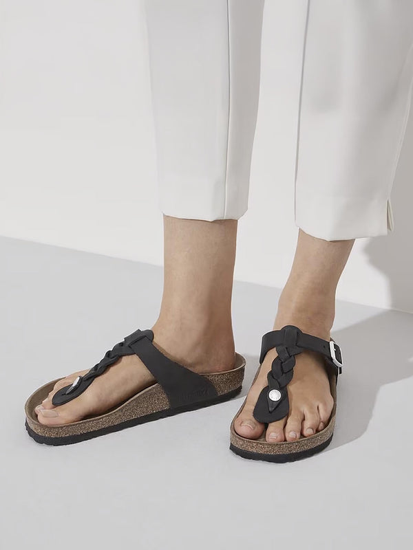 Gizeh Braided Regular Black Oiled Leather Toe Post Sandals