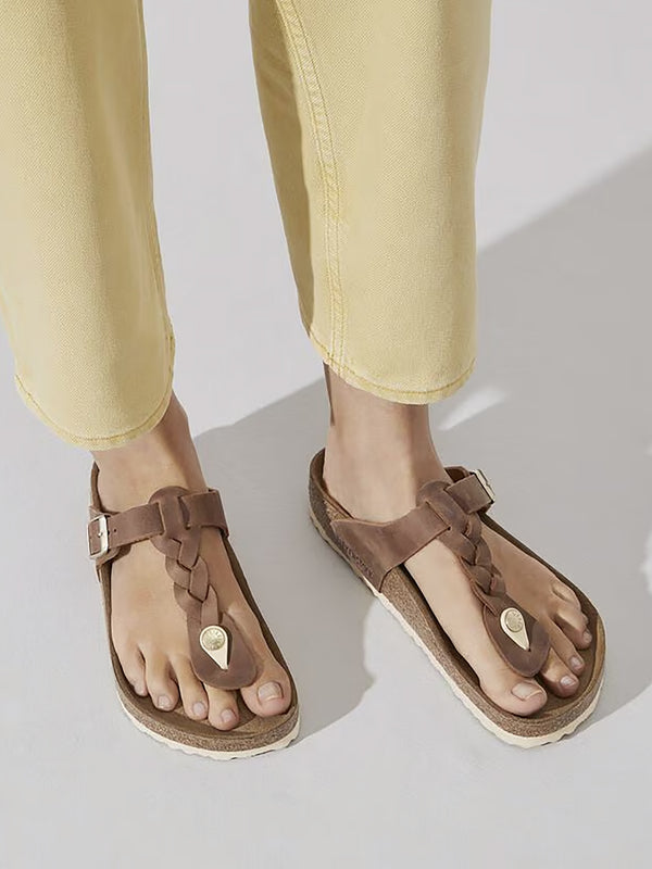 Gizeh Braided Regular Cognac Oiled Leather Toe Post Sandals