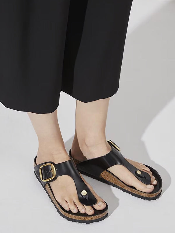 Gizeh Big Buckle High-Shine Black Leather Toe Post Sandals