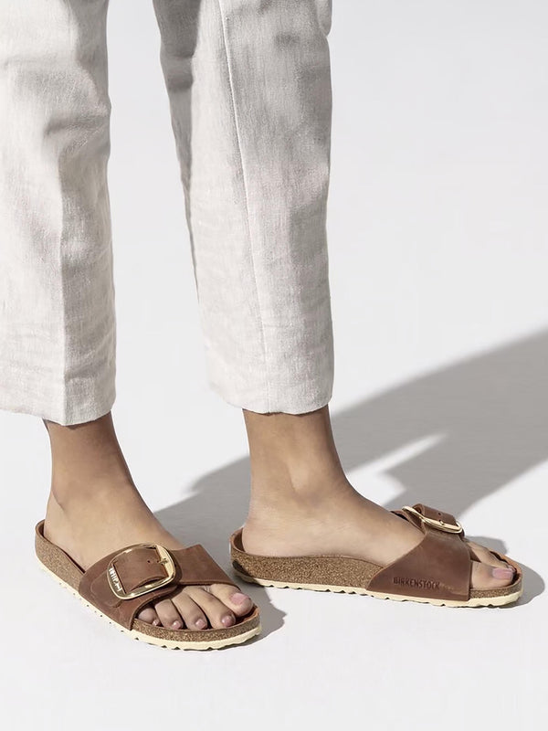 Madrid Big Buckle Cognac Waxy Leather Mules