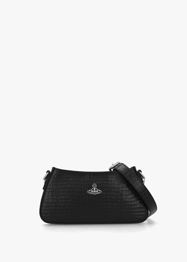 Tasha Mini Croc Embossed Black Leather Shoulder Phone Bag