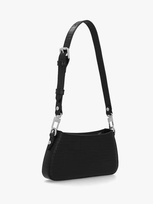 Tasha Mini Croc Embossed Black Leather Shoulder Phone Bag