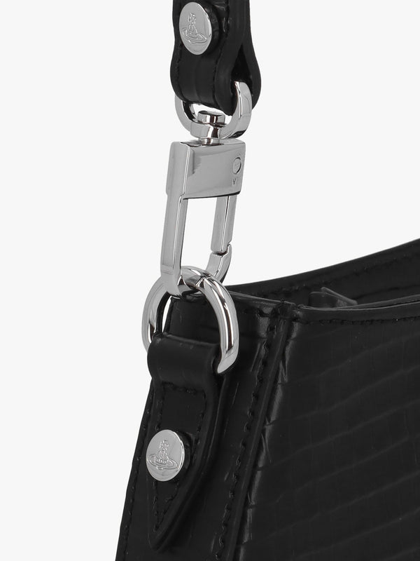 Tasha Mini Croc Embossed Black Leather Shoulder Phone Bag