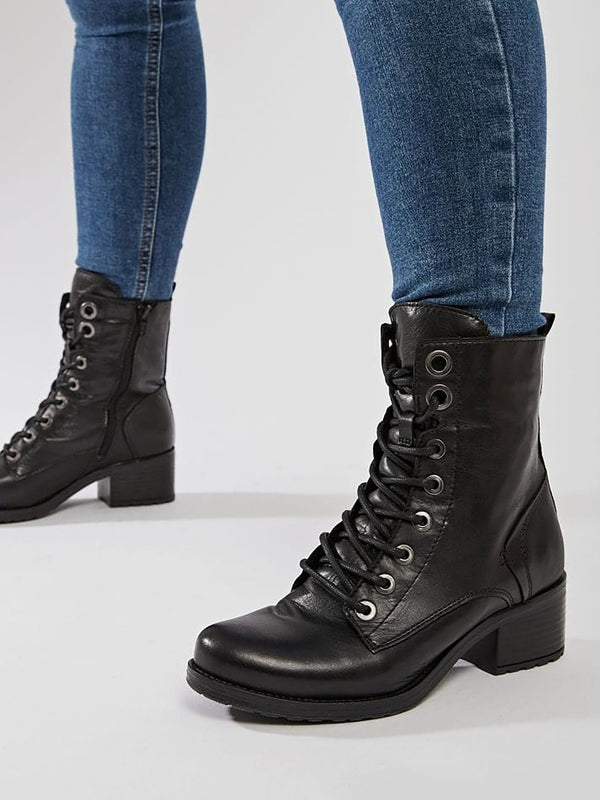 Bezzie Black Leather Block Heel Ankle Boots
