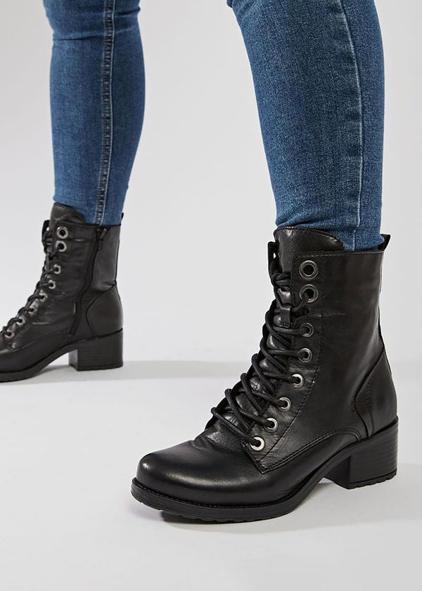 Bezzie Black Leather Block Heel Ankle Boots