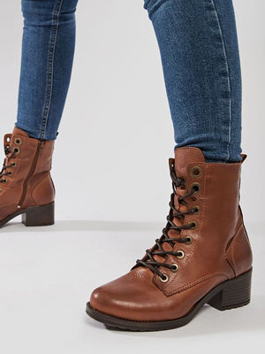 Bezzie Tan Leather Block Heel Ankle Boots
