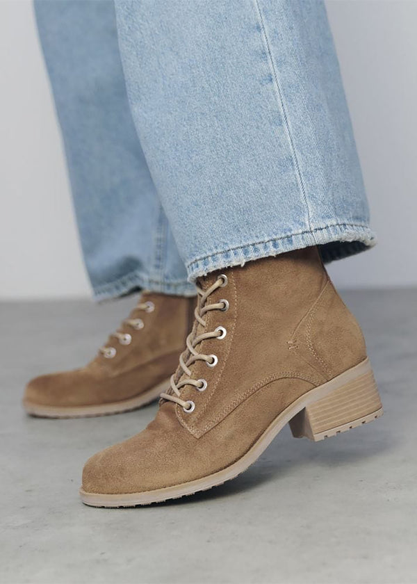 Bezzie Taupe Suede Block Heel Ankle Boots