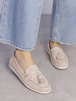 Elinia Beige Suede Tassel Loafers