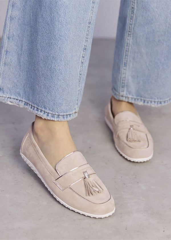 Elinia Beige Suede Tassel Loafers