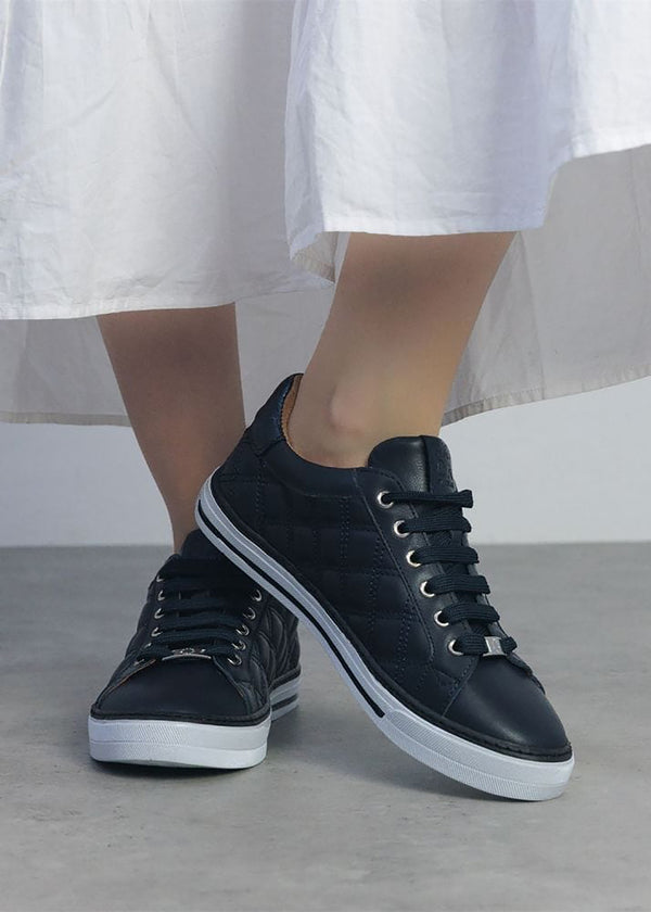 Arzon Diamond Quilted Navy Leather Trainers
