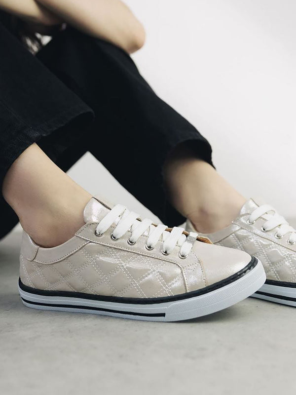 Arzon Diamond Quilted Stone Metallic Leather Trainers