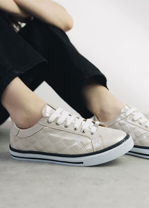 Arzon Diamond Quilted Stone Metallic Leather Trainers
