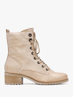 Bezzie Cream Leather Block Heel Ankle Boots