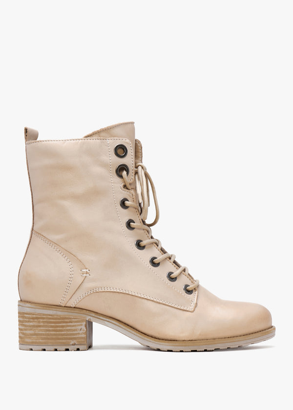 Bezzie Cream Leather Block Heel Ankle Boots