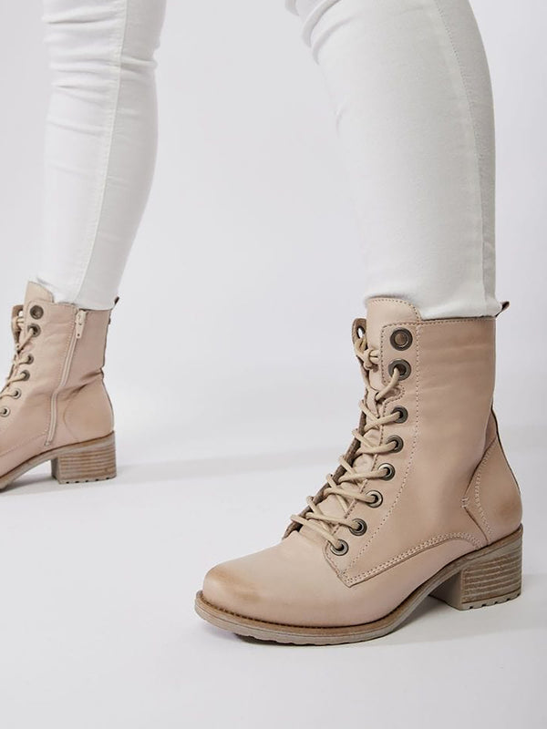 Bezzie Cream Leather Block Heel Ankle Boots