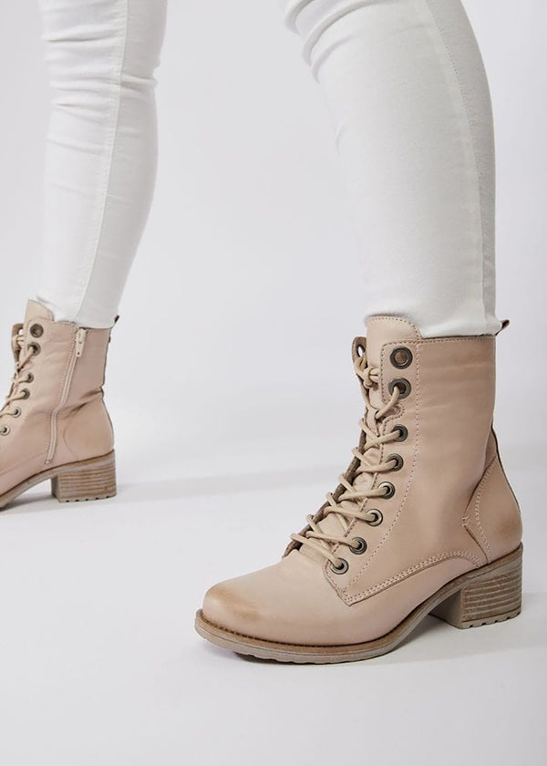Bezzie Cream Leather Block Heel Ankle Boots