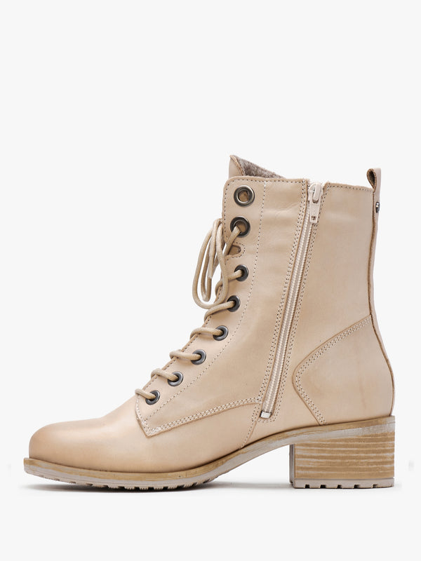 Bezzie Cream Leather Block Heel Ankle Boots