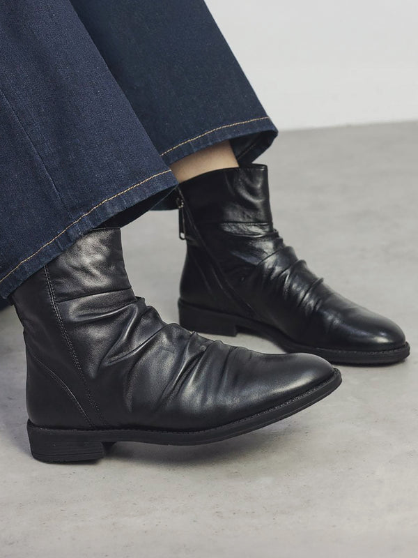 Brandish Black Leather Rouched Ankle Boots
