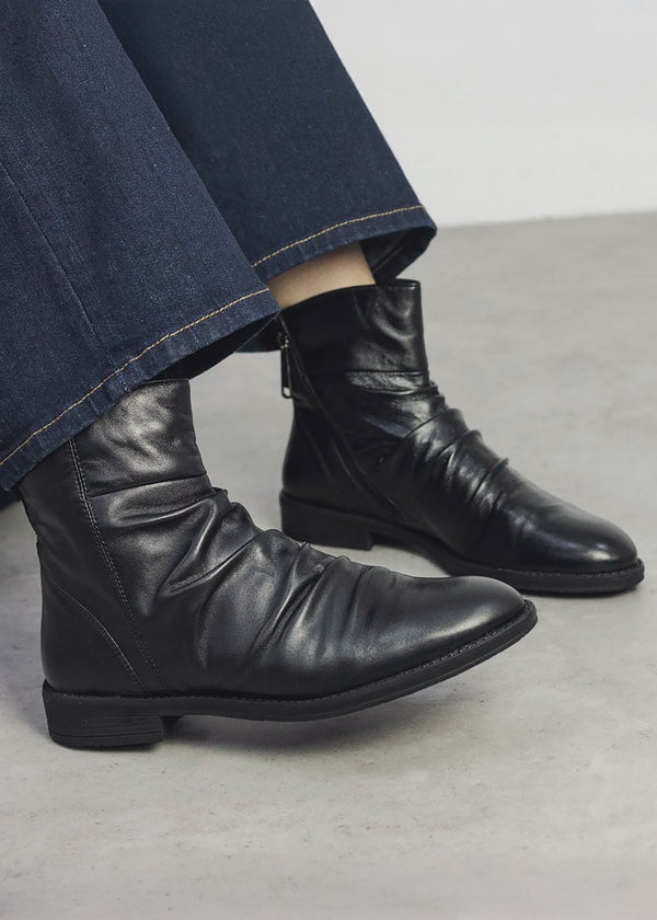 Brandish Black Leather Rouched Ankle Boots