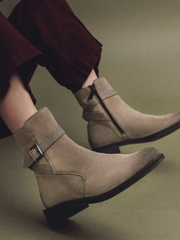 Panazol Taupe Suede Studded Strap Ankle Boots