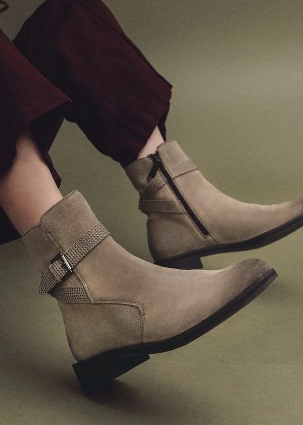 Panazol Taupe Suede Studded Strap Ankle Boots
