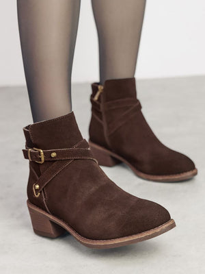 Orlena Brown Suede Cross Strap Ankle Boots