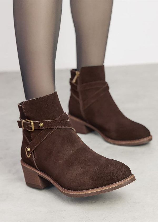 Orlena Brown Suede Cross Strap Ankle Boots
