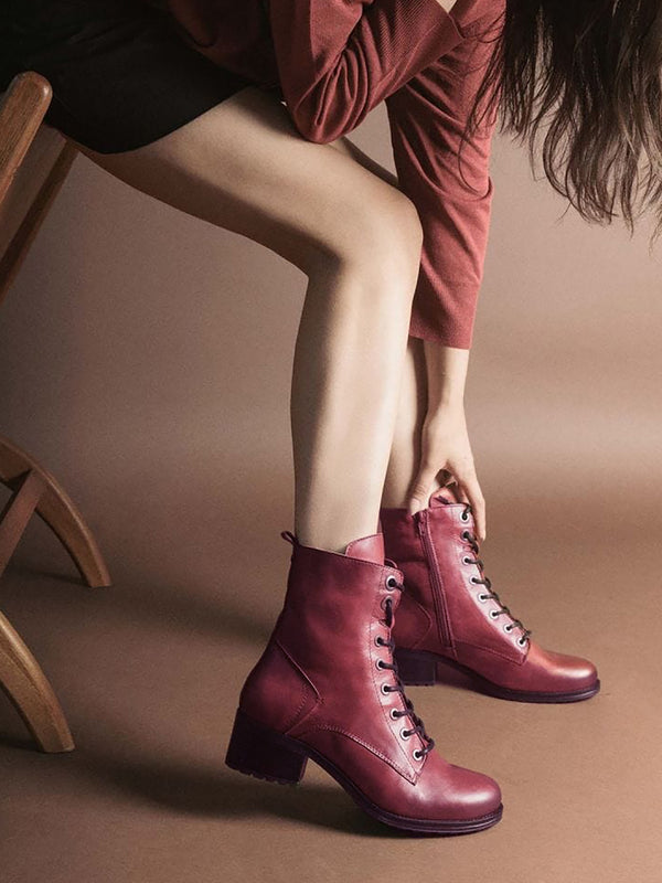 Bezzie Red Leather Block Heel Ankle Boots