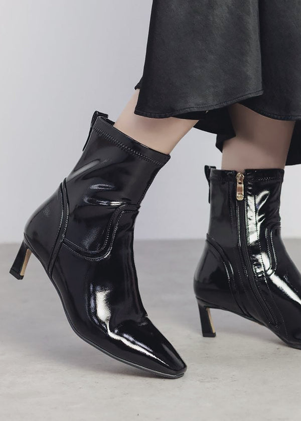Petuniah Black Patent Kitten Heel Ankle Boots