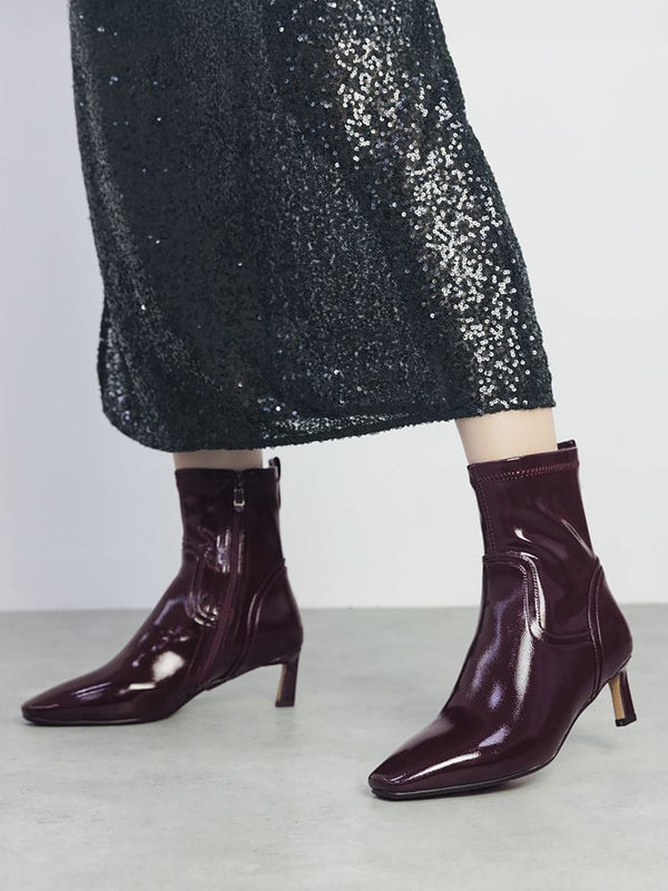 Petuniah Burgundy Patent Kitten Heel Ankle Boots