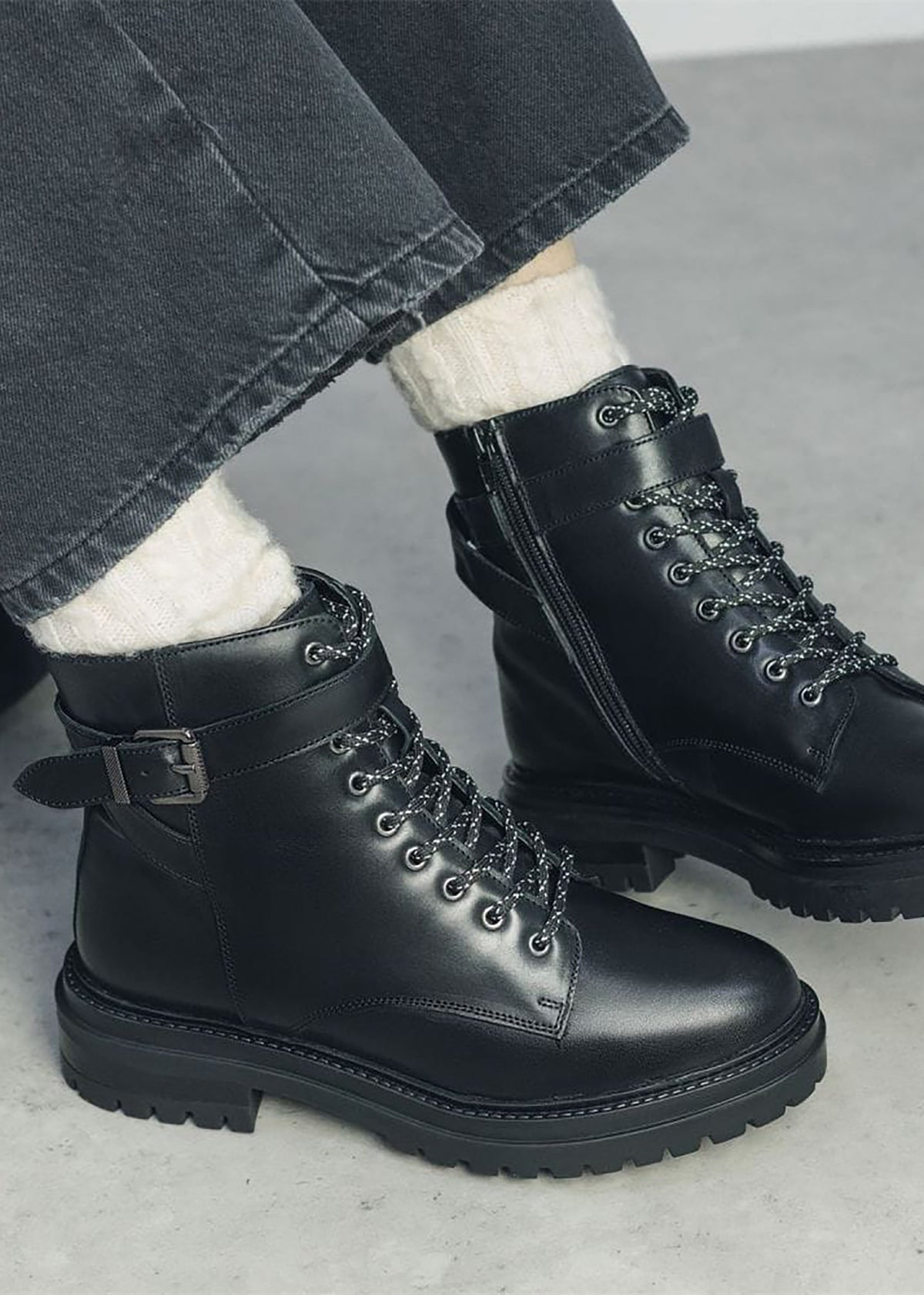 Omola Black Leather Buckle Ankle Boots