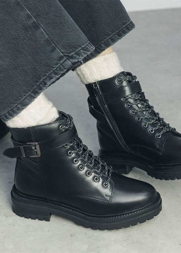Omola Black Leather Buckle Ankle Boots