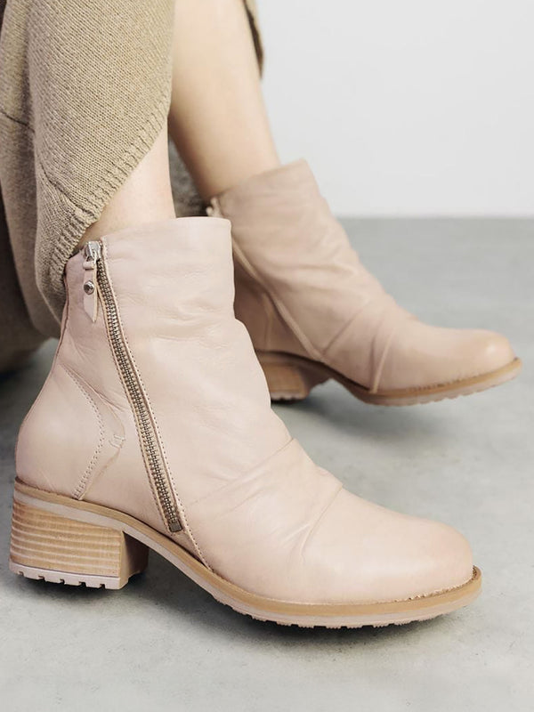 Onika Cream Leather Block Heel Ankle Boots