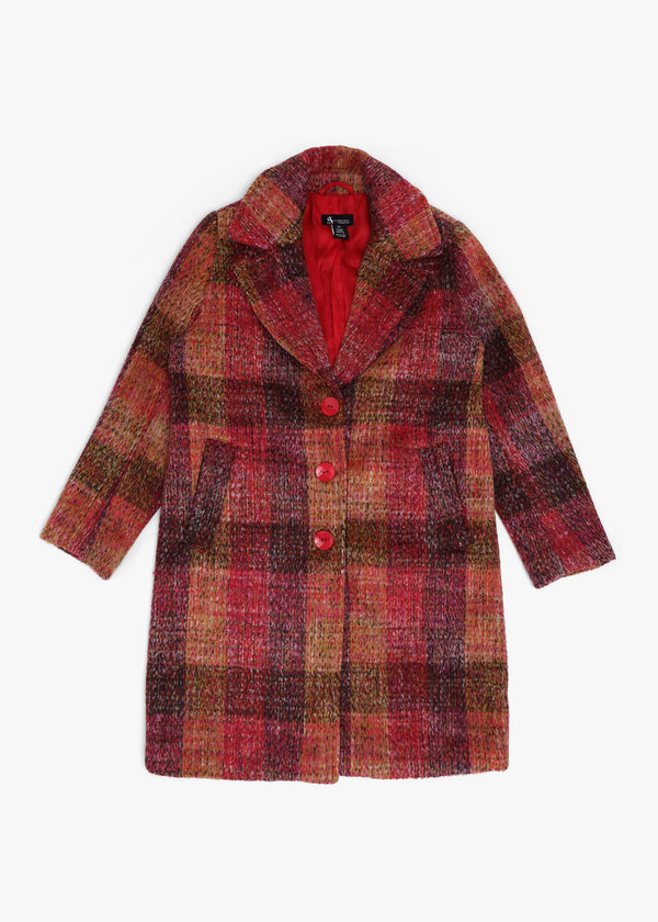 Multicoloured Red Checked Wool Mix Longline Coat