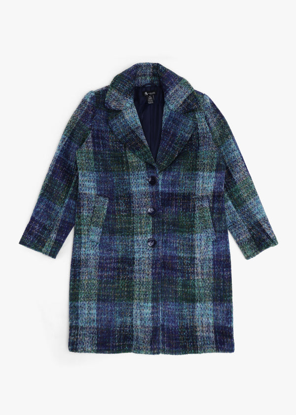 Multicoloured Blue Checked Wool Mix Longline Coat