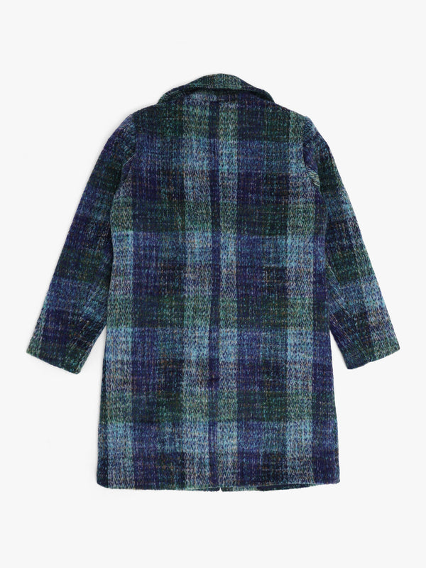 Multicoloured Blue Checked Wool Mix Longline Coat