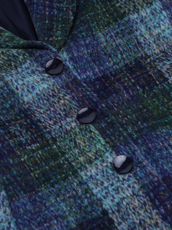 Multicoloured Blue Checked Wool Mix Longline Coat