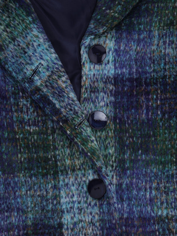 Multicoloured Blue Checked Wool Mix Longline Coat
