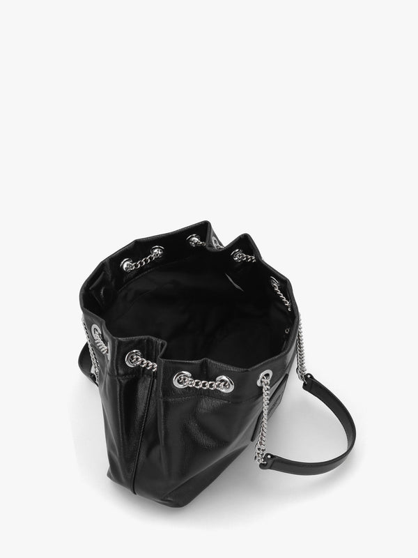 The Small Black Leather Chain Sack Bag