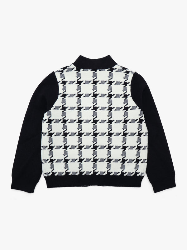 Black & White Checked Knitted Bomber Jacket