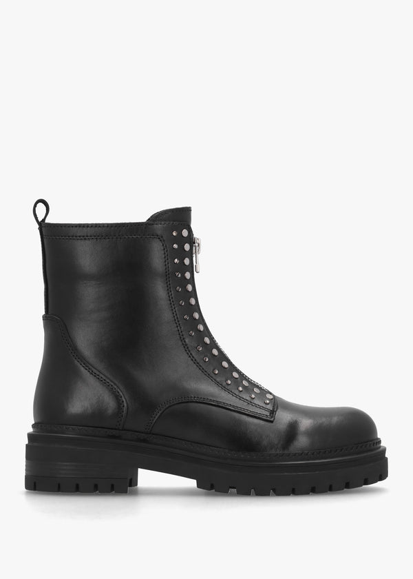 Istuds Black Leather Zip Front Ankle Boots